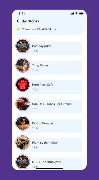 Happening App Bar Stories Page